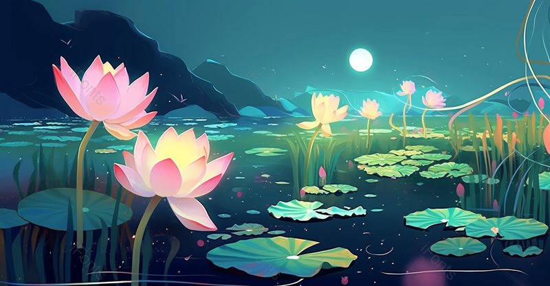 夏夜荷花绽放唯美绿色插画背景,插画/手绘图,插画/手绘图库,插画/手绘图下载,插画/手绘